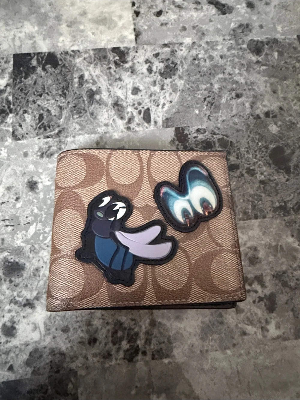 Coach Brown Signature Canvas Bifold 3 in 1 Wallet with Colorful Cartoon Patches